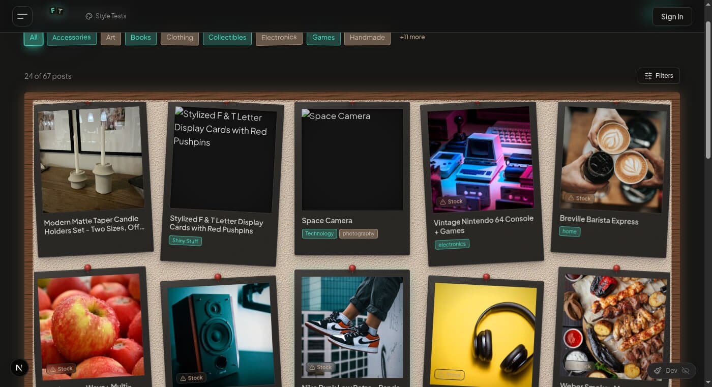 Facilitrades discover page — browse items pinned to a cork board with category filters