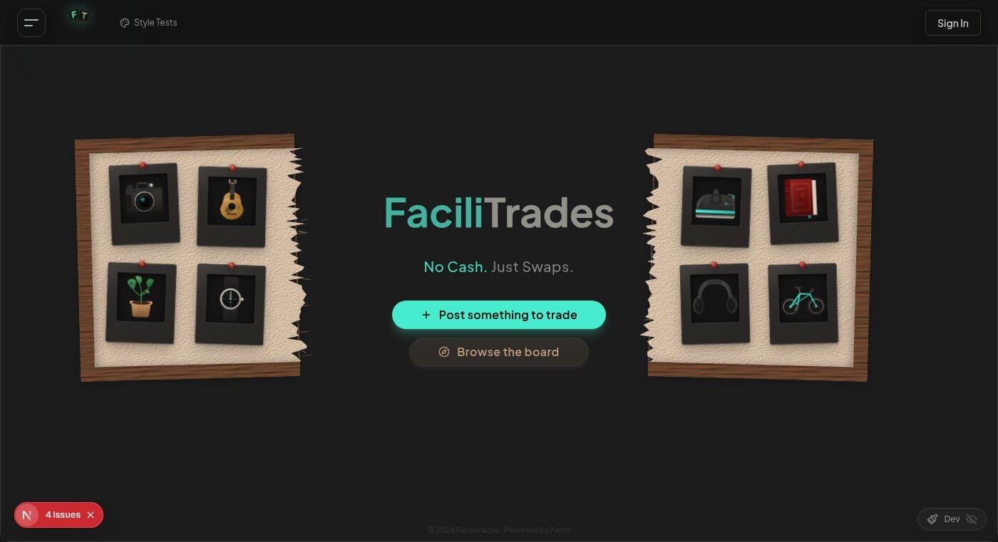Facilitrades homepage — scrapbook-style hero with polaroid item cards